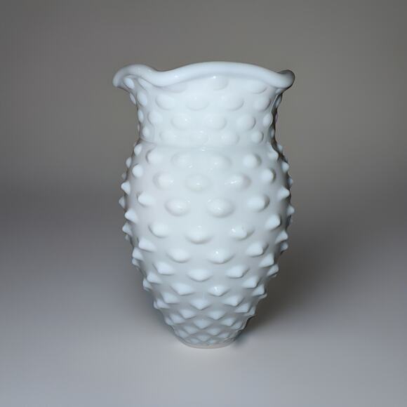 Vintage LE Smith White Milk Glass Hobnail Vase 8" tall Ruffled Rim - Picture 1 of 5
